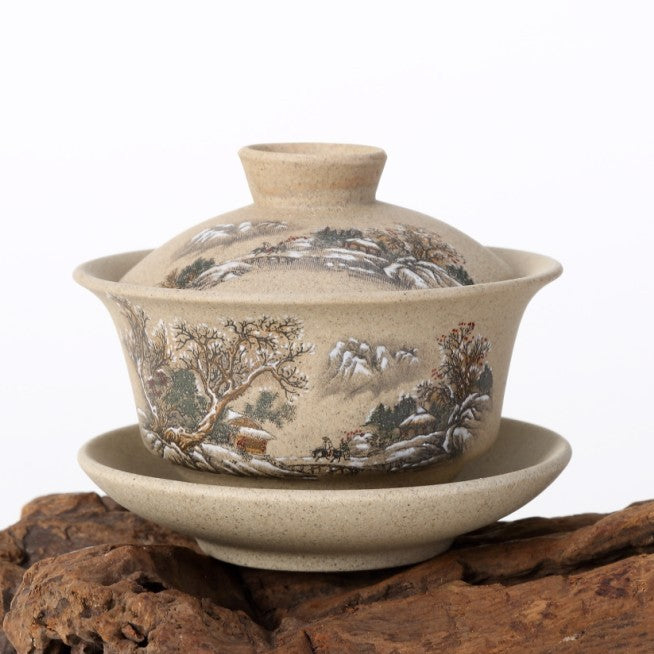 Pottery Gaiwan Floral Mountain-river Tureen Chinese Tea Cup Bowl Lid Saucer Cups
