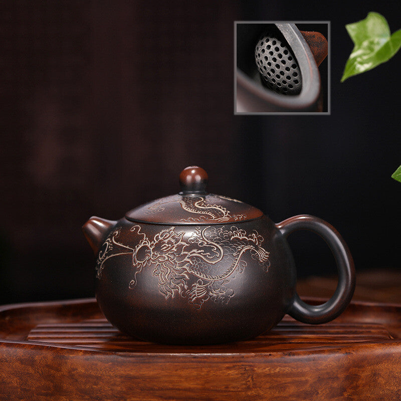 Pottery Tea Pot With Ball Shaped Infuser Holes Dragon Carved Handmade Xishi Pot