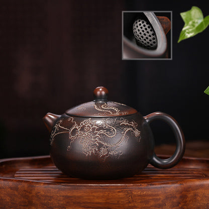 Pottery Tea Pot With Ball Shaped Infuser Holes Dragon Carved Handmade Xishi Pot