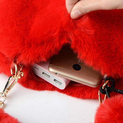 Faux Fur Winter Handbag Heart Shape Shoulder Bag Clutch Purse Chain Velvet Pouch