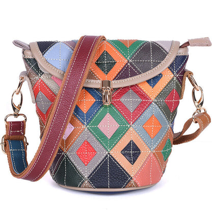 100% Genuine Leather Colorful Blocks Patchwork Women's Sling Shoulder Bag