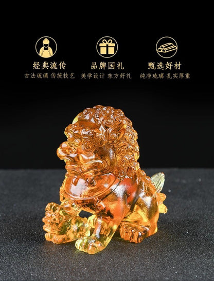 Pair Golden Liu Li Crystal Lion Statue Guardian Foo Fu Dog Artwork Home Decor