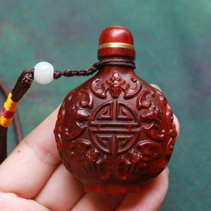 Red Sandalwood Carved Snuff Bottle 63x45x23mm Longevity Pattern Artisan Craft