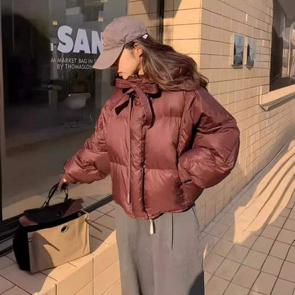 Women Cropped Winter Puffer Jacket – Warm Bow Design Coat