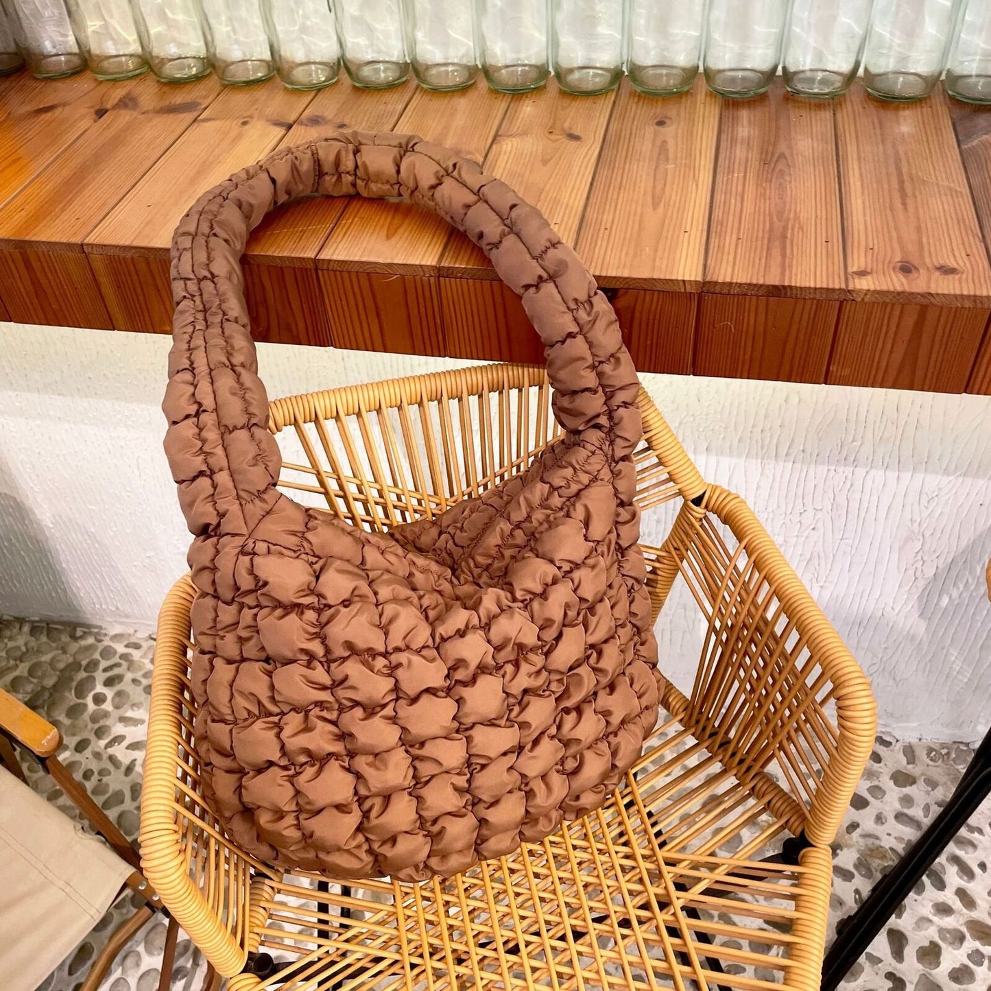 Space Cotton Bag Plaid Pattern Handbag Large Tote Bags Feather Padded Travel Bag