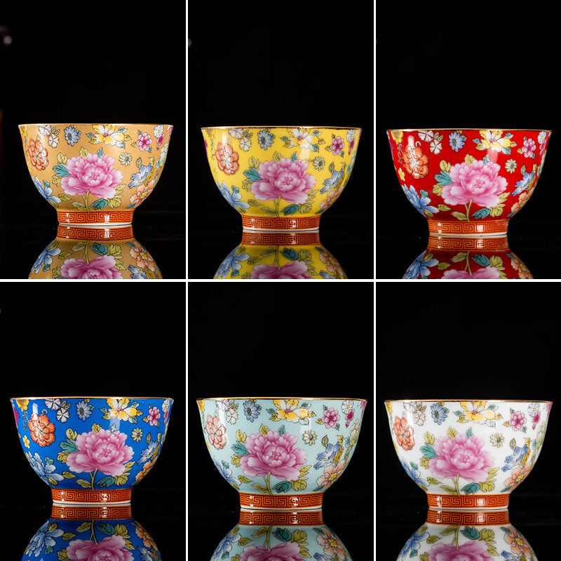 One Cup Color Enamel Craft Porcelain Tea Cup On Sales Peony Flower Print 85ml