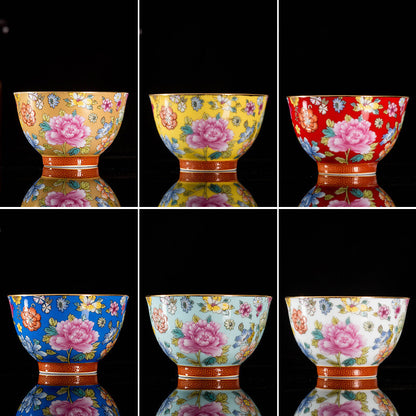 One Cup Color Enamel Craft Porcelain Tea Cup On Sales Peony Flower Print 85ml