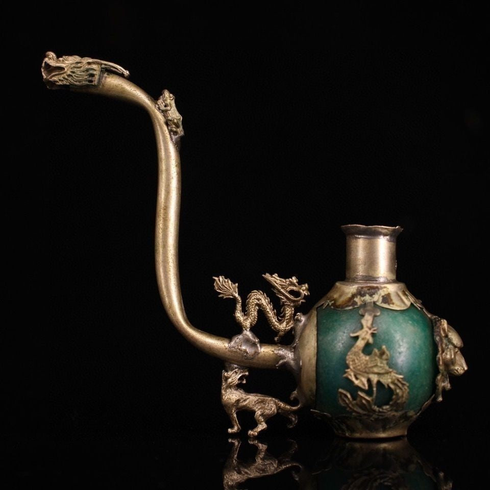 White Copper Jade Tobacco Pipe Ornament Dragon Phoenix Pattern Decor Only