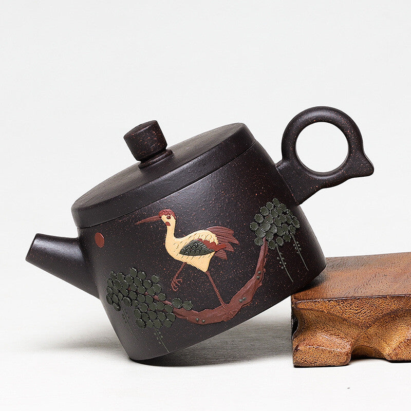 Real Yixing Zisha Black Clay Tea Pot Crane Relief Carved Handmade Tea Pot