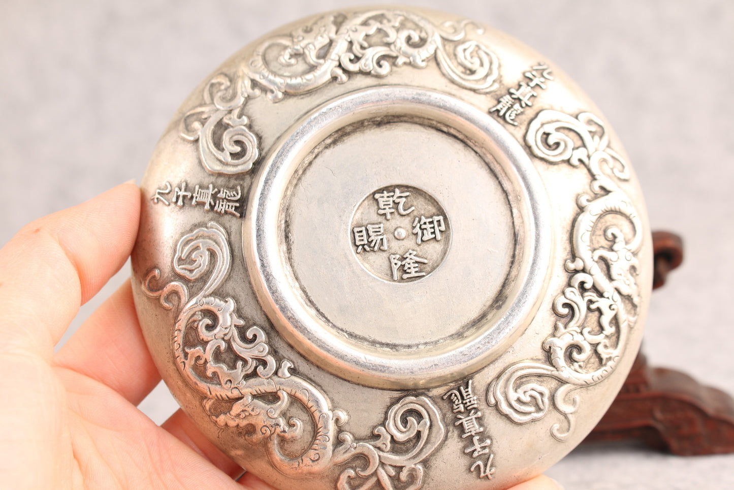Chinese tibet silver copper double dragon phoenix plate table decor