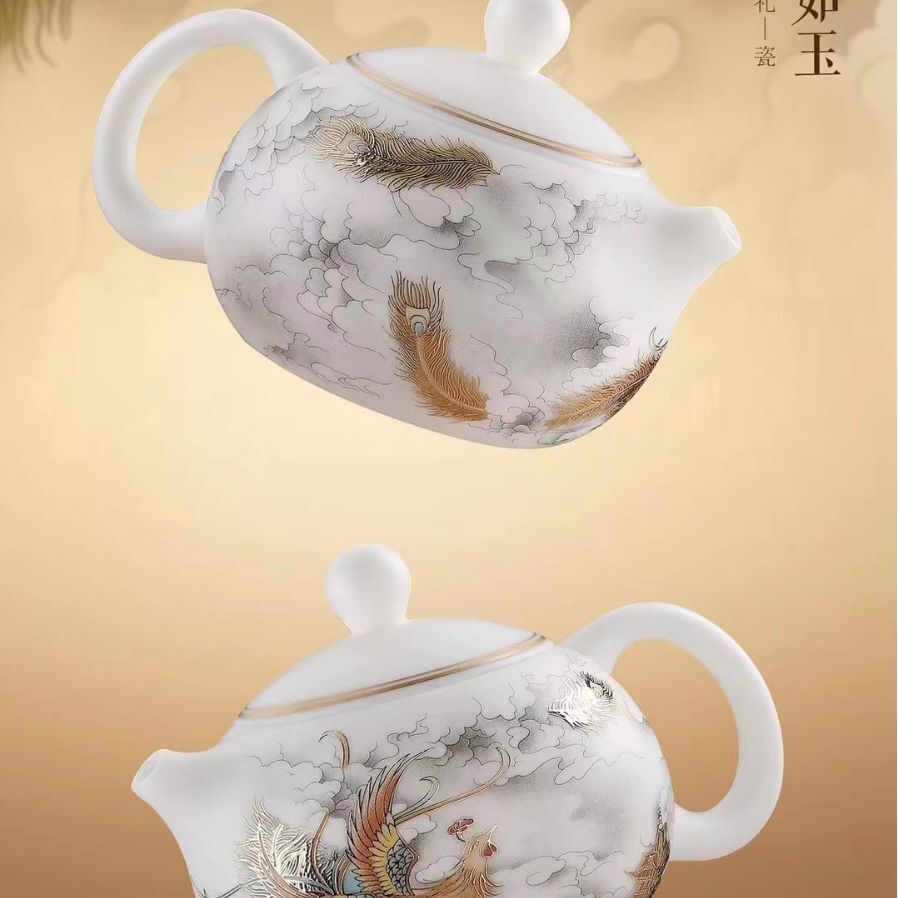 Boutique Tea Set Fat Mutton Jade Porcelain Teapot Gaiwan Hand Drawing Dragon Cup