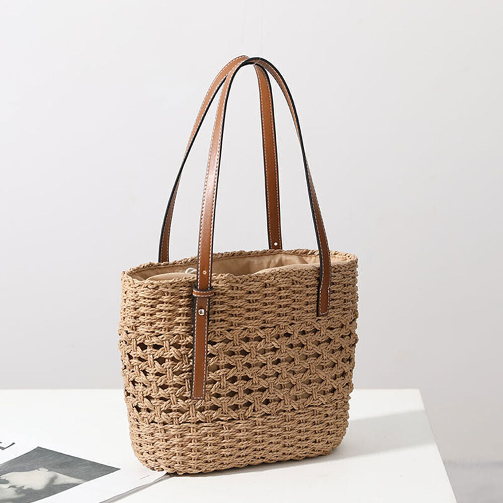 Women Woven Boho Handbag Summer Beach Tote Straw Bag Round Rattan Shoulder US .