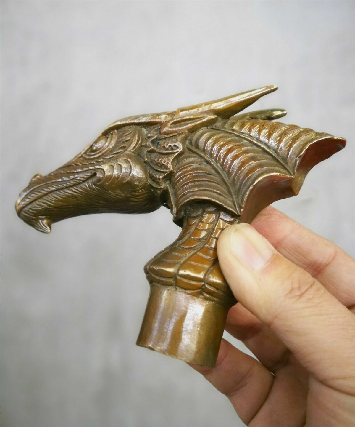 Old Bronze Brown Patina Dragon Dinosaur Beast statue Cane Walking Stick Head