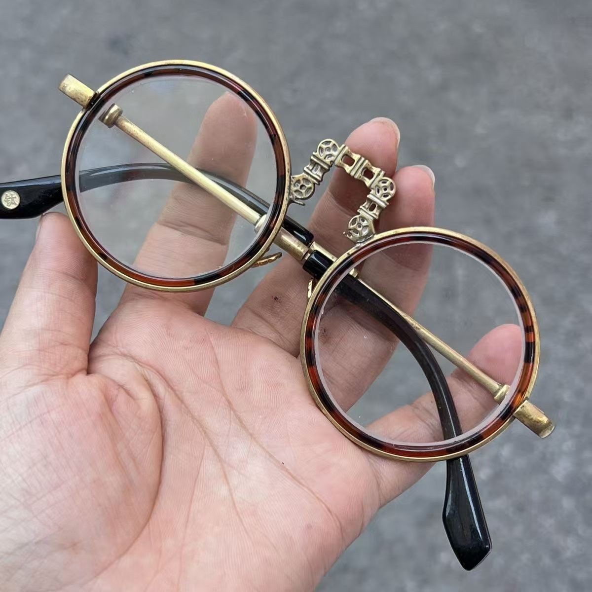 Vintage Chinese Crystal Round Glasses Tea Tint Copper Frame Eyewear