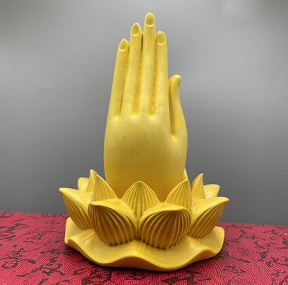 Boxwood Carved Buddha Praying Hand Lotus Base Statue Buddhism Zen Home Decor