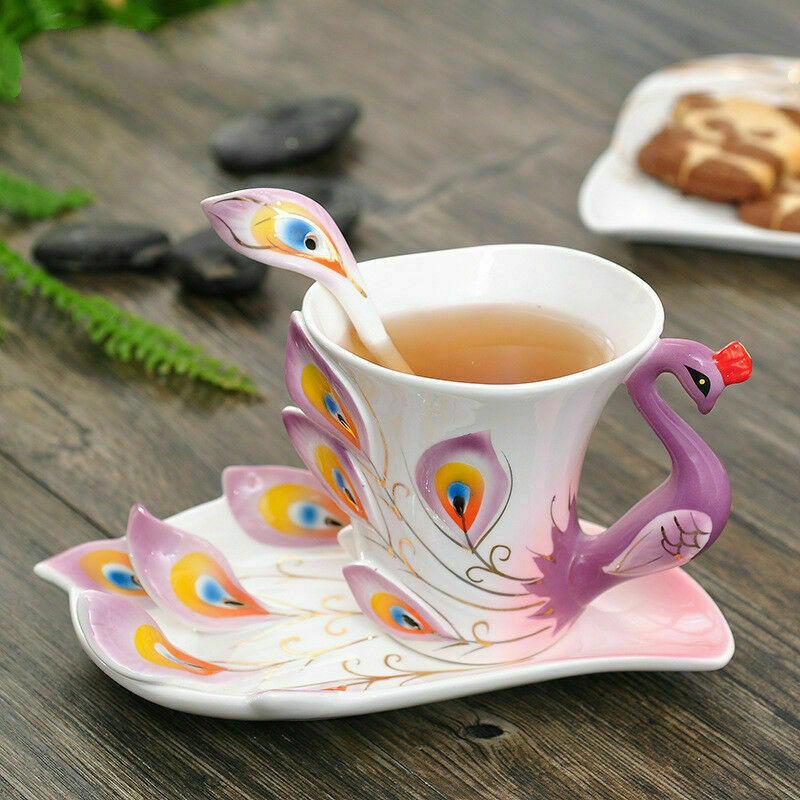Beautiful Purple Peacock Coffee Cup Set Porcelain Tea Cup Set With Dish Spoon