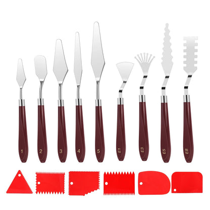 Professional Palette Knives Set 15pcs w/Scrapers Stainless Steel Wood Handle