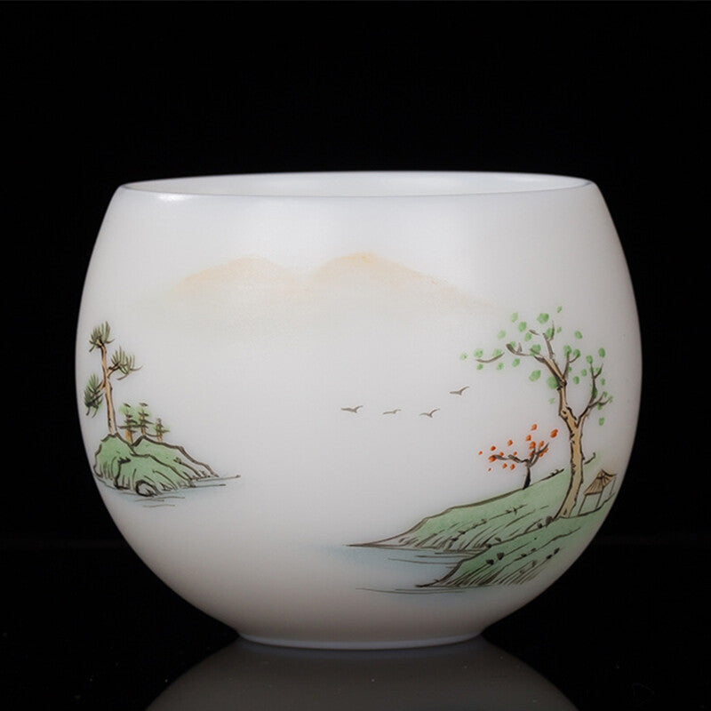 Mutton Fat Jade Porcelain Cup 150ml Handpainted Master Tea Cup Under Glaze Lotus