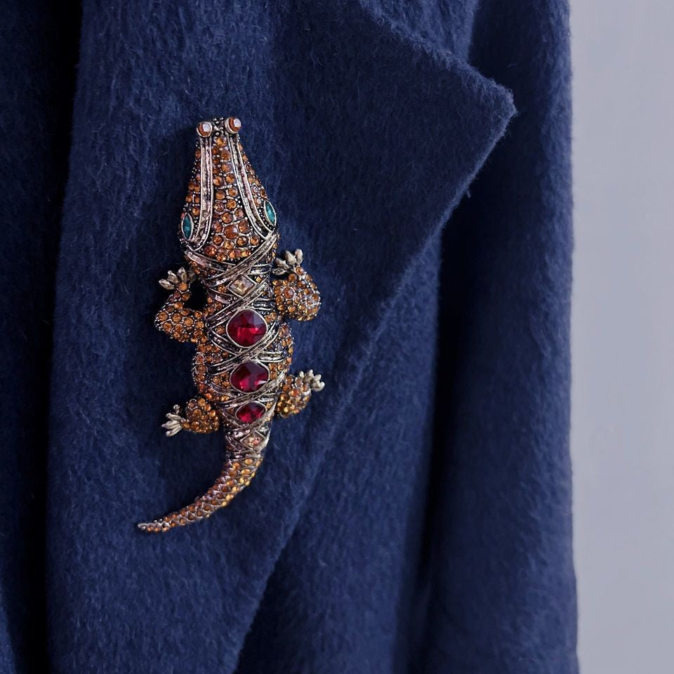 Vintage Crystal Lizard Brooch 13.8cm 2Pcs Lapel Pin for Coat Suit Unisex