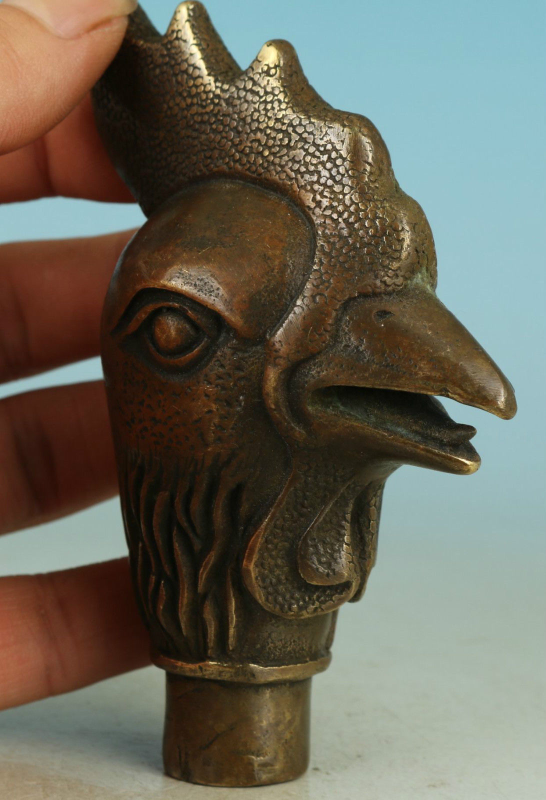 Asian Chinese Old Bronze Handmade Carved Cock Collect Statue Walking Stick Head