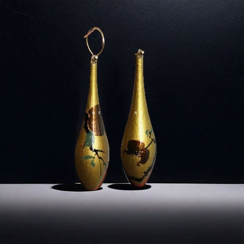 Handmade Chinese Lacquer Vase Earrings Hand Painted Fruit Copper Base Jewelry
