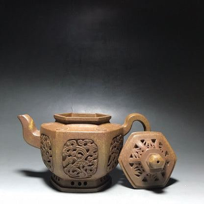 Chinese Yixing Zisha Clay Handmade Exquisite Teapot （六方镂空 底款：金鼎商标）