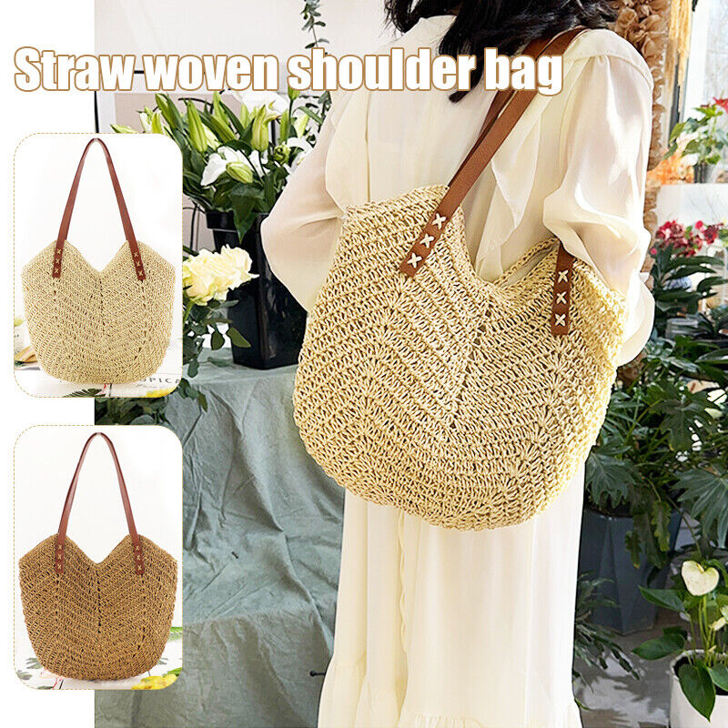 Women Boho Straw Woven Rattan Handbag Tote Bag Hollow Shoulder Bag Summer Beach