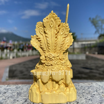 3.9" Chinese Boxwood Handcarved Jiutian Xuannü Goddess Holding Sword Statue