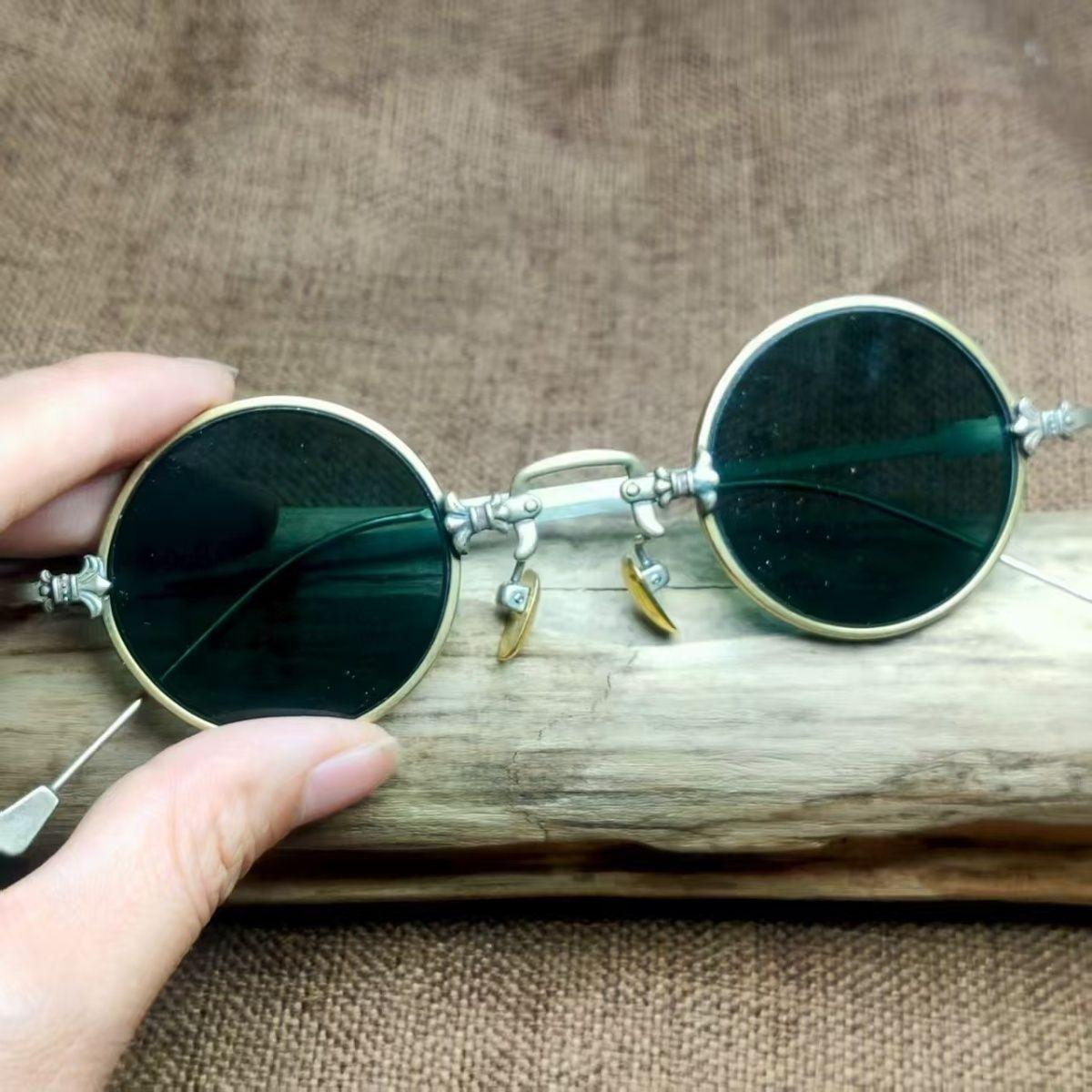 Antique Vintage Copper Frame Crystal Stone Round Eyeglasses Brown Sunglasses