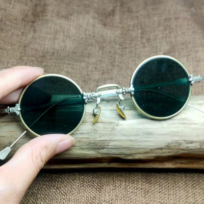 Antique Vintage Copper Frame Crystal Stone Round Eyeglasses Brown Sunglasses