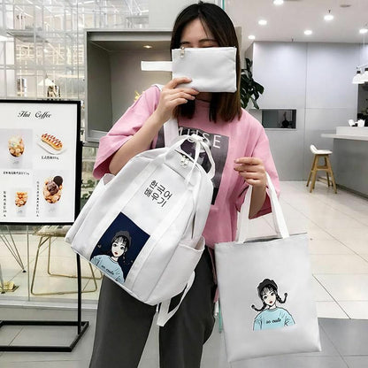 3 Pcs Sets Backpack School Bags Teenage Girls Women Casual Shoulder Zipper Solid