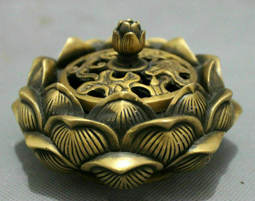 Folk Brass Buddhist Auspicious Statue Flower Incense Burner Censer