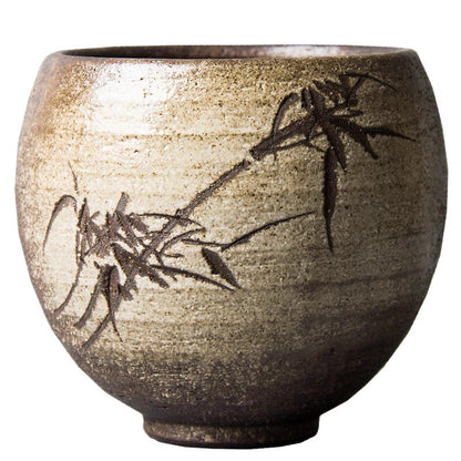Hand-carved Pottery Bamboo Cups Chrysanthemum Zen Tea Cup Set Teaware Bowl