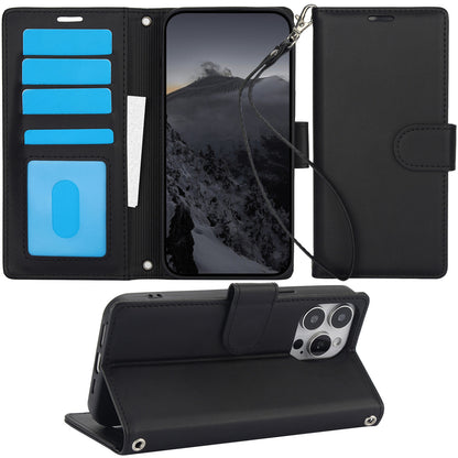 For iPhone 16/15/14/13/12/11 Pro Max Case Card Holder Wrist Strap Wallet Cover