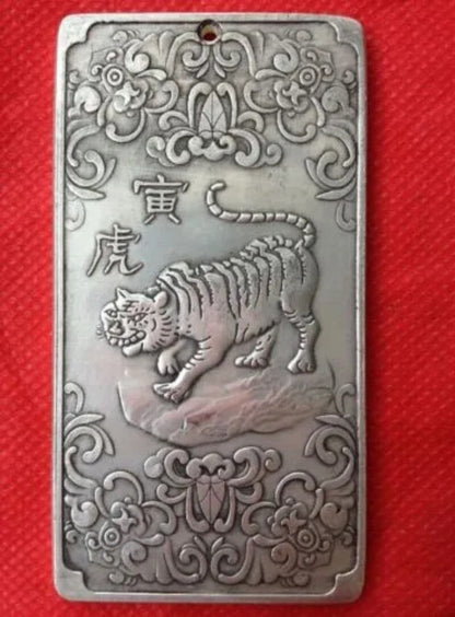Ancient Chinese "Twelve Zodiac Tigers" Silver Amulet Auspicious Plate
