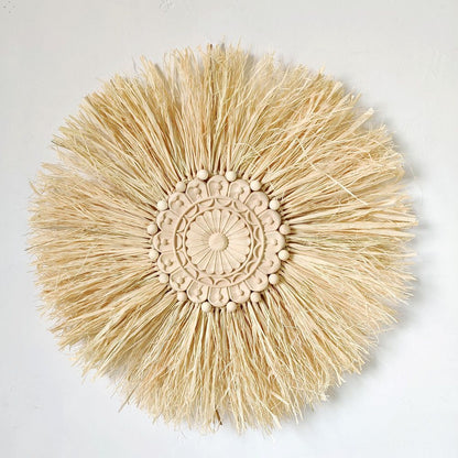 Wall Decor Boho Handmade Woven Straw Moroccan Wood Bead Hanging Ornament 45x45cm