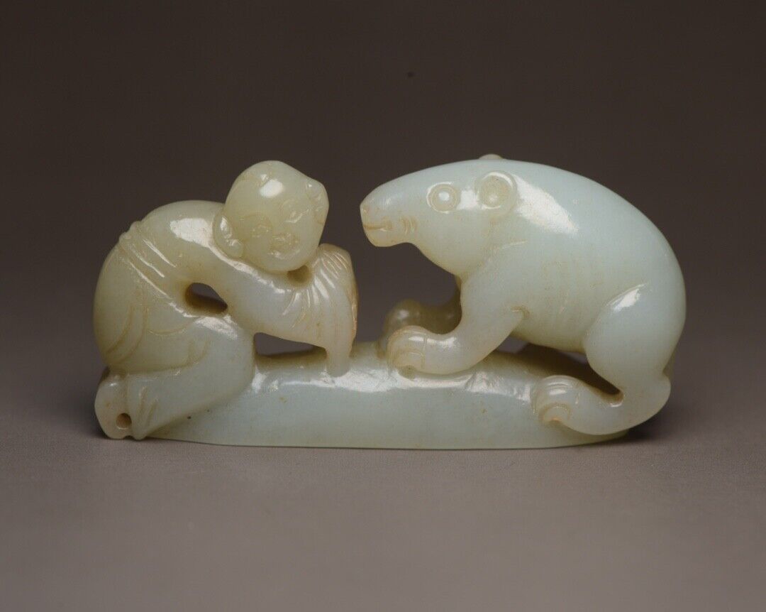 Chinese Natural Hetian Jade Carved Children Bear Statue Exquisite Figurine Art