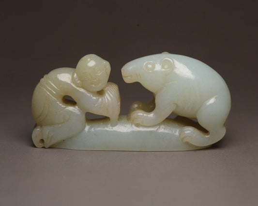 Chinese Natural Hetian Jade Carved Children Bear Statue Exquisite Figurine Art