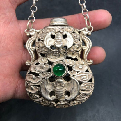 Vintage Chinese Silver Plated Copper Bat Openwork Incense Sachet Pendant