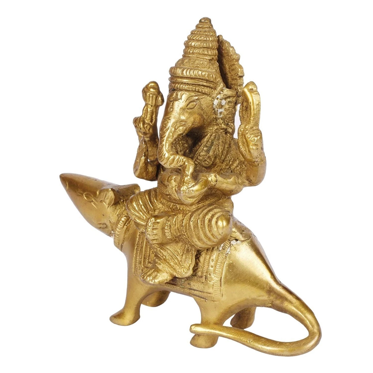 Brass Ganesha Sitting on Mooshak Mouse Idol Statue Decor Figurine