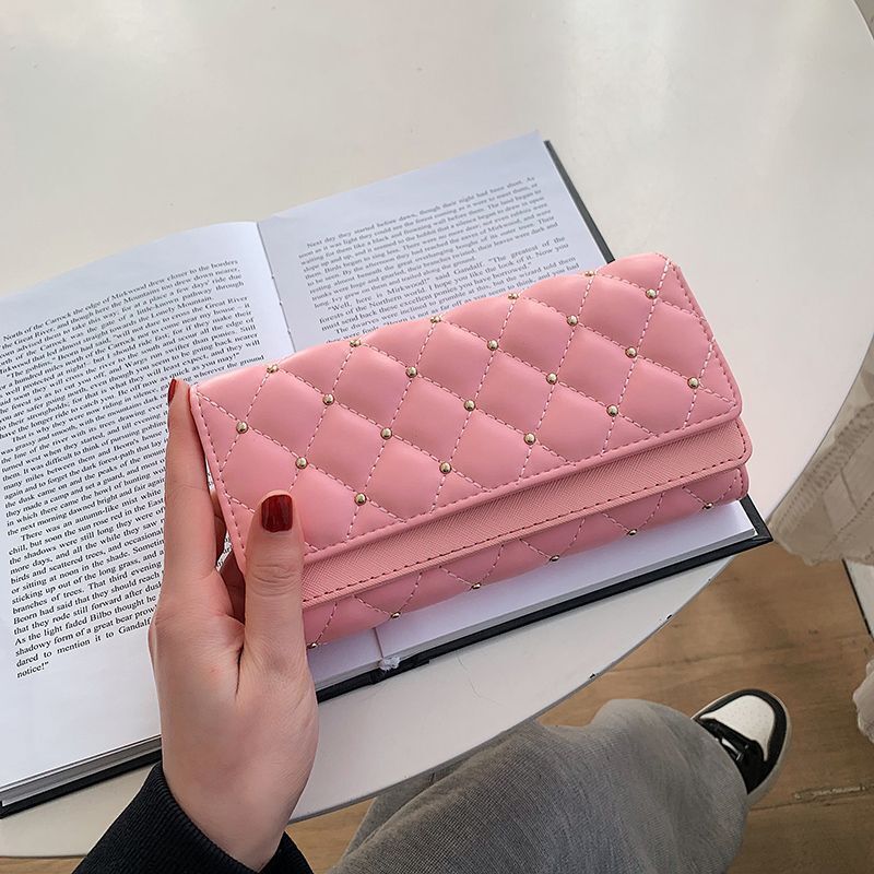 Luxury Long Wallet Quilted Soft Leather Wallets Studded Coin Purse Card Clutch