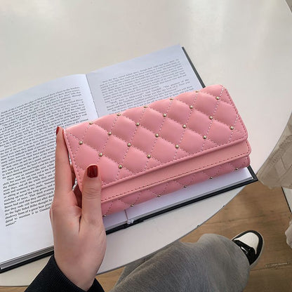 Luxury Long Wallet Quilted Soft Leather Wallets Studded Coin Purse Card Clutch