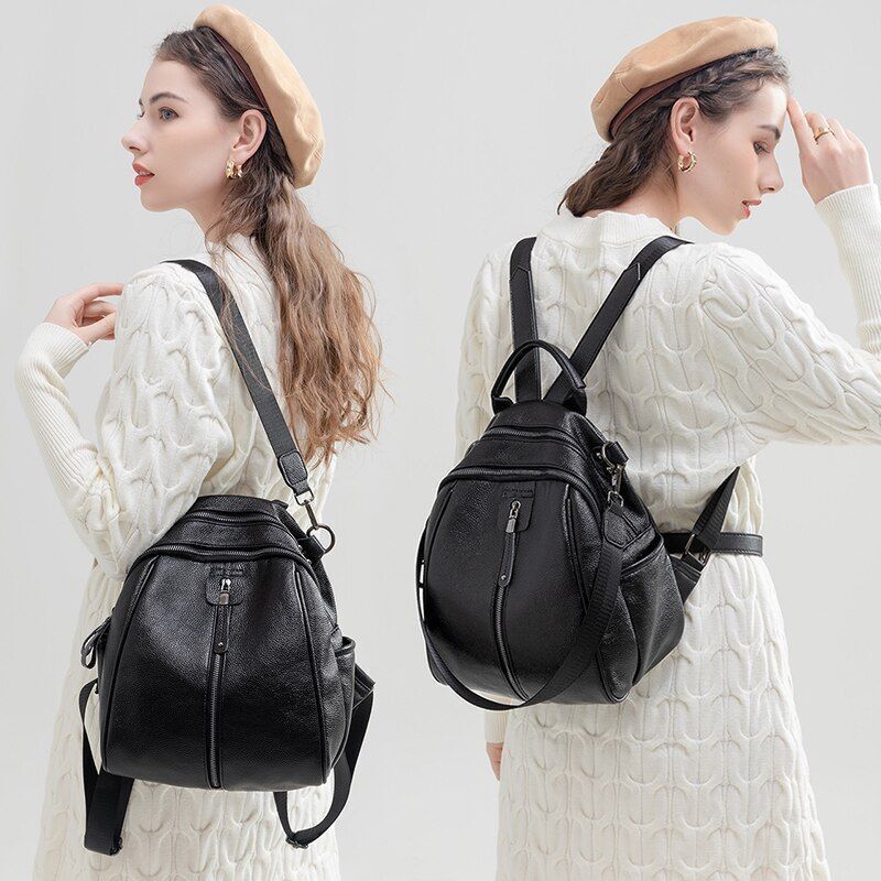 Black Backpack Genuine Leather Cowhide Bags Small Cute Traveling Luxury Softback