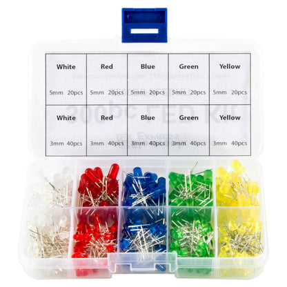 300 Piece Diffused Lens LEDs, 3mm & 5mm, Colors: White, Red, Blue, Green, Yellow