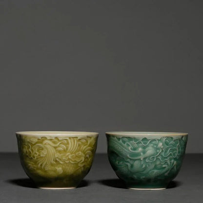 Ceramic Embossed Dragon Teacups Celadon Kung Fu Master Cup Traditional Chinese