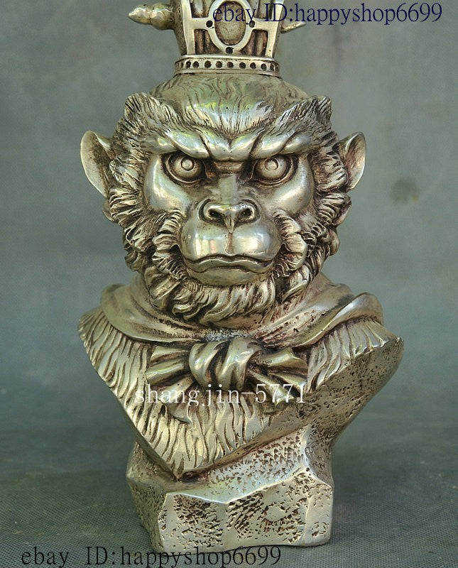 9" Chinese Silver Famous Xiyouji Monkey King Sun Wukong Wu Kong Head Bust Statue
