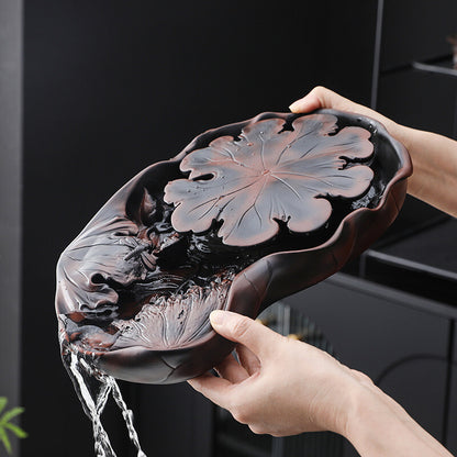 Ceramic Tea Tray Water Reservoir Holder For Tea Set Lotus Design Purple Pottery