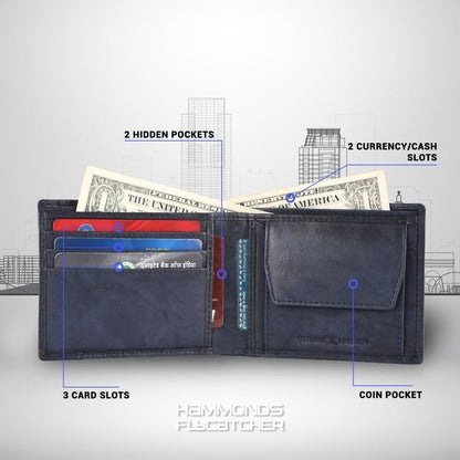 Brand New Authentic RFID Protected Blue BI-Fold Genuine Leather Mens Wallet