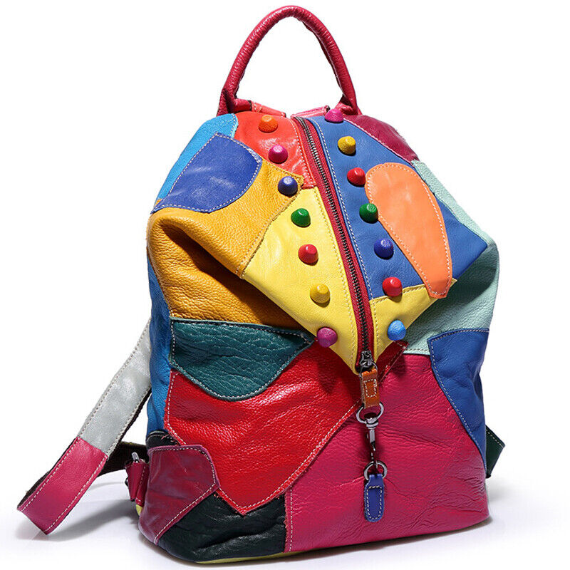 Sheepskin Leather Women's Colorful Blocks Patchwork Backpack Travel Bag Rucksack