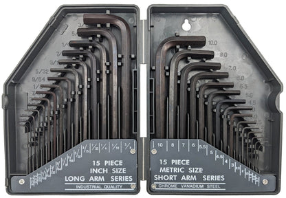 30 Piece Hex Wrench Set, Popular Inches and Metric Sizes with Gray Storage Case